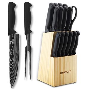 KNIFAST Kitchen Block Knife Set 16 Pieces With Boning Knife and Carving Fork, Manual Sharpening for Chef Knife Set Ultra Sharp