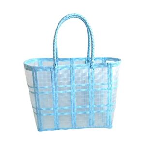 Superper Plastic Beach Bag Transparent Shopping Storage Bag Vegetable Basket PVC Fruit Braid Hand Organizer Pouch Home Light Blue S