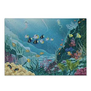 Ambesonne Fish Cutting Board, Underwater Landscape with Tropical Fish and Algae Polyps Descriptive Nautical Image, Decorative Tempered Glass Cutting and Serving Board, Small Size, Multicolor