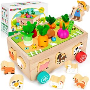 Toddlers Montessori Toys for 2,3,4 Year Old Baby Boys and Girls, Educational Wooden Shape Sorting Toys with Vegetables & Farm Animals Blocks, Fine Motor Skills Game, Ideal Gift for Kids Age 1-3
