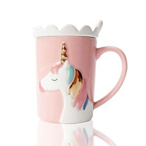 Cute mugs Ceramic Unicorn Mug funny coffee mug Unique Milk Tea Cups with Lace Lid and Spoon for Kids, Women,Girls (Pink)