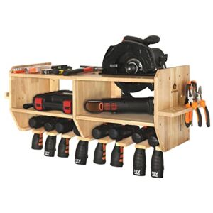 simesove Large Power Tool Organizer,Drill Holder Storage Wall Mounted with 9 Tool Organizer Slots, Wrench,Screwdriver and Circular Saw Storage,Solid Wooden Drill Charging Station