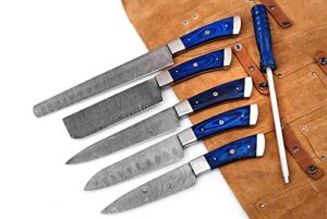 Zombie 06 Pcs Custom Hand Made Damascus Steel Professional Utility Kitchen knives Set Comes with Sweet Leather Roll Kit (AH-6003-Blue Wood)