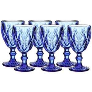 WHOLE HOUSEWARES | Blue Colored Glass Drinkware Set | Vintage Drinking Cups | 9.5oz Water Glasses | Set of 6 | For Wedding or Parties | Cobalt Blue Diamond Pattern (Glass Goblet)