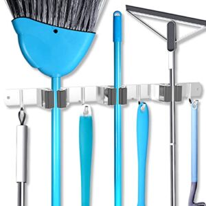 Mop and Broom Organizer Wall Mounted, Stainless Steel Heavy Duty Garden and Kitchen Garage Tool Organizer Wall Holder for Home Goods (3 Racks 4 Hooks)