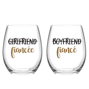 Modwnfy Boyfriend and Girlfriend Wine Glass, Fiance and Fiancee Stemless Wine Glass 15Oz, Engagement Gifts for Couples Fiance Fiancee Him Her (Set of 2)