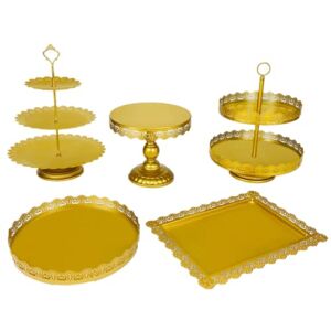 AMIENIV 5 Pieces Cake Stand Set Gold Metal Cupcake Holder Dessert Display Plate Decor Serving Platter for Baby Shower Wedding Birthday Parties Celebration