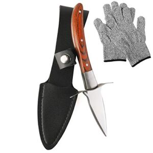 YellRin Oyster Shucking Knife Stainless Steel with Wooden Non-Slip Handle Leather Sheath and Resistant Gloves (Oyster Knife)