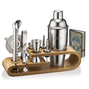 ROCKSLY Mixology Bartender Kit and Cocktail Shaker Set for Drink Mixing | Mixology Set with 10 Bar Set Tools and Bamboo Stand Makes It The Perfect Home Cocktail Kit | Complete Bartender Kit (Silver)