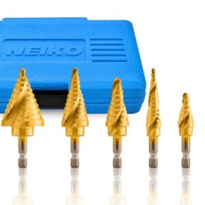 NEIKO 10173A Step Drill Bit Set for Metal and Wood, 5 Piece SAE, Spiral Grooved for Faster Drilling, Step Bits with 50 Total Step Sizes, Titanium Coated Unibits
