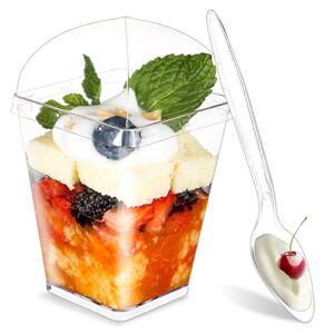Kucoele 50 Count 5OZ Dessert Cups with Lids and Spoons Clear Plastic Reusable Parfait Appetizer Shooter Cups Mini Party Square Serving Bowls for Fruit Mousse Ice Cream Pudding and Tastings