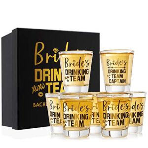 Bridesmaid Gifts – Set of 7, Bride’s Drinking Team Shot Glasses – 1.5 oz, Pack of 6 Bride’s Drinking Team Member + 1 Bride’s Drinking Team Captain – Bachelorette Party Favors – Gold Foil Print