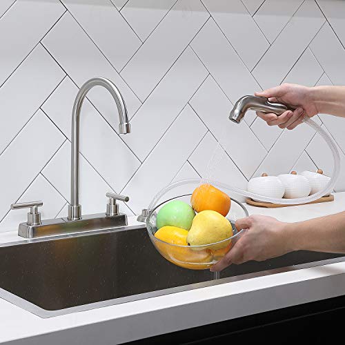 Hotis Kitchen Faucet with Sprayer, Brushed Nickel 4 Hole 3 Hole Kitchen Faucet, Stainless Steel High Arc Swivel 2 Handle Kitchen Sink Faucet with Pull Out Side Sprayer | The Storepaperoomates Retail Market - Fast Affordable Shopping