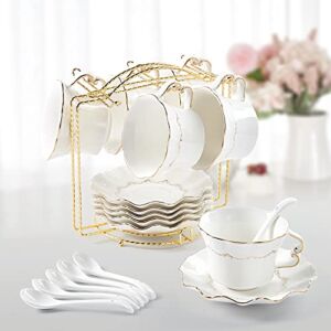 DUJUST Tea Cups and Saucers Set of 6 (8.5 OZ), Luxury Tea Cup Set with Golden Trim, Relief Printing Coffee Cups with Metal Stand, British Royal Porcelain Tea Party Set – White