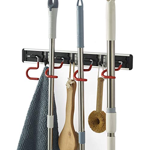 QBOSO Wall Mounted Mop and Broom Holder Stainless Steel S Type Broom Rack Anti-Slip Mop Organizer (17 Inches ,4 Positions 3 Hooks , Red black) | The Storepaperoomates Retail Market - Fast Affordable Shopping