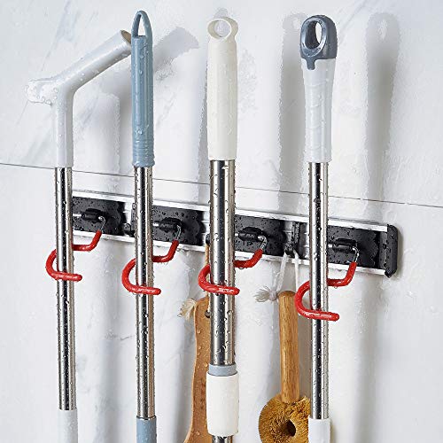 QBOSO Wall Mounted Mop and Broom Holder Stainless Steel S Type Broom Rack Anti-Slip Mop Organizer (17 Inches ,4 Positions 3 Hooks , Red black) | The Storepaperoomates Retail Market - Fast Affordable Shopping