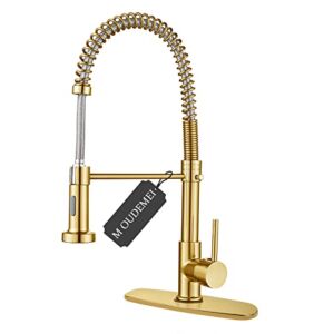 M OUDEMEI Modern Commercial Pull Down Kitchen Faucet, Dual Function Spray Head, Single Handle Solid Brass Spring Faucets with Deck Plate, Sprayer for Household Farmhouse Kitchen Sink(Gold)