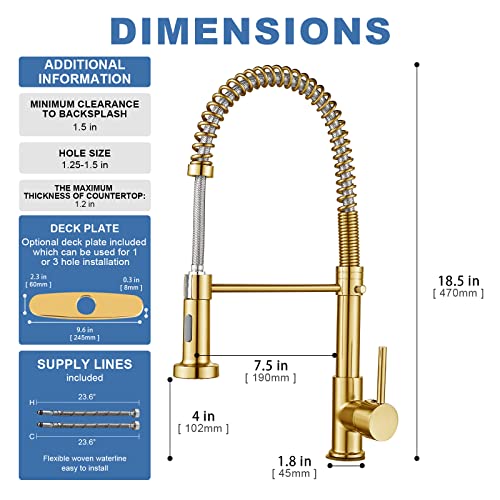 M OUDEMEI Modern Commercial Pull Down Kitchen Faucet, Dual Function Spray Head, Single Handle Solid Brass Spring Faucets with Deck Plate, Sprayer for Household Farmhouse Kitchen Sink(Gold) | The Storepaperoomates Retail Market - Fast Affordable Shopping