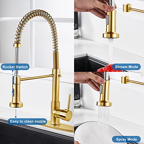 M OUDEMEI Modern Commercial Pull Down Kitchen Faucet, Dual Function Spray Head, Single Handle Solid Brass Spring Faucets with Deck Plate, Sprayer for Household Farmhouse Kitchen Sink(Gold) | The Storepaperoomates Retail Market - Fast Affordable Shopping