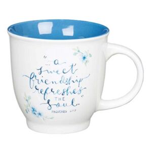 Blue Floral Ceramic Friendship Coffee/Tea Mug A Sweet Friendship Refreshes the Soul Proverbs 27:9 Encouraging Christian Friend Mug for Women, Microwave/Dishwasher Safe, 14oz.