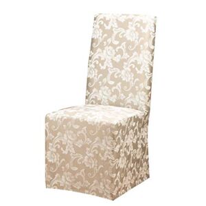 SureFit Scroll Long Dining Chair Slipcover (Champagne) – Full Length Relaxed Fit High Back Chair Cover/Perfect for Adding Accents to Your Dining Room