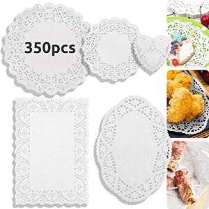 DailyTreasures 350Pcs Lace Doilies Paper-Assorted Size Decorative Doilies Placemat- Eco-Friendly for Cake, Desert, Wedding, Tableware Decoration(Round, Rectangle, Heart, Oval-8.5″,6.5″)