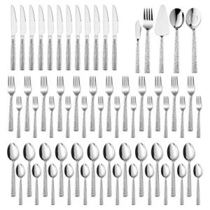 E-far 65-Piece Silverware Set with Serving Pieces, Stainless Steel Hammered Flatware Eating Utensils Service for 12, Modern Tableware Cutlery Set with Square Edge, Mirror Polished, Dishwasher Safe