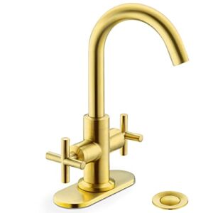 Brushed Gold Bathroom Sink Faucet, 4 Inch Centerset RV Bathroom Faucet, Fit for Single or 3 Hole, with Rotatable Swivel 360 Degree Spout, Pop Up Drain and Water Supply Line by Phiestina, SGF0310-BG