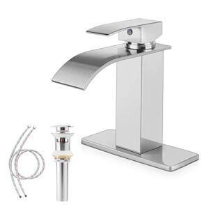 Herogo Bathroom Sink Faucet, Brushed Nickel Waterfall Stainless Steel Bathroom Faucet with Pop Up Drain, Single Handle 1 Hole or 3 Holes Deck Mount Vanity RV Lavatory Faucet with 2 Water Supply Hoses