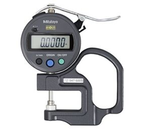 Mitutoyo 547-500SCAL Digital Thickness Gage with Calibration and Flat Anvil, Inch/Metric, 0-0.47″ (0-12mm) Range, -0.001″ Accuracy, 0.0005″ Resolution