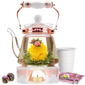 Teabloom Buckingham Palace Teapot & Flowering Tea Gift Set (6 Pieces) – Stovetop Safe Glass Teapot (40 OZ / 1.2 L / 4-5 CUPS), Porcelain Lid, Tea Warmer, Loose Tea Infuser, 2 Gourmet Rose Tea Flowers