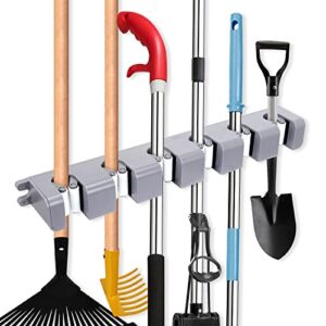 Hikeen Mop Broom Holder Wall Mount Broom Hanger Holds Up to 6 Tools Cleaning Organizer for Home Kitchen Garden Garage Tools Storage