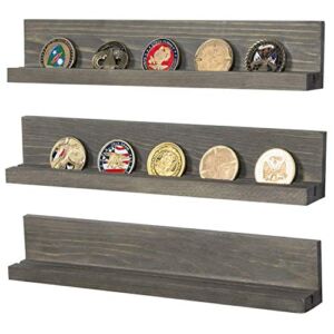 MyGift Wall Mounted Vintage Gray Wood Challenge Coin Holder and Casino Chip Display Shelf, Single Row Military Coin Showcase Rack, Set of 3
