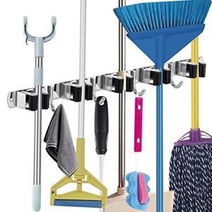 Mop Broom Holder Wall Mounted,Heavy Duty Mop and Broom Wall Mount Stainless Steel with 5 Racks 4 Hooks for Laundry Room, Home, Garage, and 1 hook Separated included （Black）
