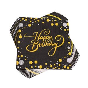 Trgowaul Birthday Party Cocktail Napkins – 100 Pack Gold Foil Happy Birthday Disposable Paper Napkins, Perfect for Birthday Party Supplies, 6.5 x 6.5 Inches Folded, Black
