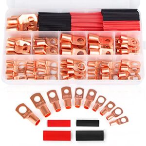 130Pcs Copper Wire Lugs,Terminal Connectors,Used on AWG12 10 8 6 4 2 Cable,Heat Shrink Set,Bare Copper Eyelets,Ring Terminals Connectors,64Pcs Battery Cable Lugs Ends and 66Pcs Heat Shrink Tubing