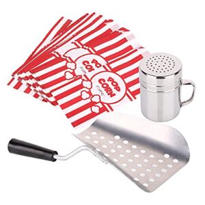 Poppy’s Popcorn Supplies Bundle – Kernel Sifting Speed Scoop, Seasoning Dredge, 1-Ounce Popcorn Bags (100 Count) for Commercial and Home Use