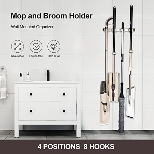 Eyliden Mop Broom Holder, Sturdy Aluminum Wall Mounted Storage Rack with 4 Slidable Clip and 8 Hooks, Garage Garden Tools Organizer Storage Shelf, Household Sort Out Organize Racks (Brown | The Storepaperoomates Retail Market - Fast Affordable Shopping