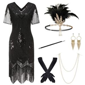 Gionforsy 1920s Flapper Dress Sequins Gatsby Dress Roaring 20s Costume Accessories Set (Black, X-Large)
