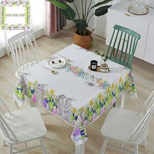 Easter Day Tablecloths Square 60 Inch Easter Eggs Bunny Flowers Waterproof Oil-Proof Table Cloth Spring Floral Rabbit Kitchen Spillproof Tablecloths Table Cover for Easter Day Decoration