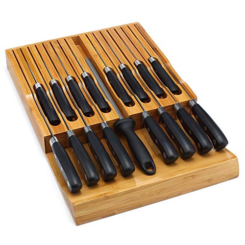 In-Drawer Knife Block,Bamboo Knife Drawer Organizer Insert, Kitchen Knife Drawer Storage for 16 Knives PLUS a Slot for your Knife Sharpener (Without Knives) | The Storepaperoomates Retail Market - Fast Affordable Shopping