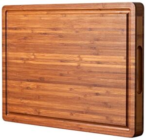 Large Wood Cutting Board for Kitchen, 1” Thick Bamboo Cheese Charcuterie Board, Butcher Chopping Block, with Juice Grooves and Handles