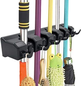Mop and Broom Holder, Imillet Wall Mounted Organizer-Mop and Broom Storage Tool Rack with 5 Ball Slots and 6 Hooks (Black) (One Pack)