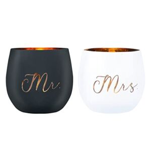 dehong Mr & Mrs Stemless Wine Glasses – Set of 2 – Wedding Gifts for Bride & Groom ,His & Hers – Engagement Gifts for Couples Newly Engaged Unique Bridal Shower Gift (A), black, white, gold