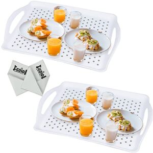 LONEA Non Slip Food Serving Tray with Handles, 2-Pack Rectangle Anti-Slip Non-Toxic Dishwasher Safe Tray for Snack Fruit Dessert Breakfast Drink Come with 2pcs Cleaning Cloths White