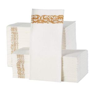 Elinnee 200 Disposable Guest Towels for Bathroom, Linen-Feel Decorative Guest Hand Towels, Soft and Absorbent Paper Dinner Napkin for Kitchen, Wedding, Party, Or Event, White and Gold