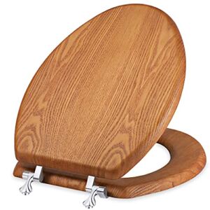 Elongated Wood Toilet Seat, Wooden Toilet Seats with Natural Wood Veneer, Zinc Alloy Metal Hinges with 304 Stainless Steel Bolt (Wood)