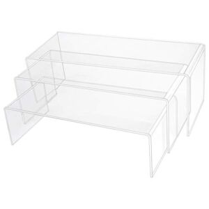 obmwang 3 Pack Large Clear Acrylic Riser Set, Acrylic Display Risers Shelf Showcase Fixtures for Jewelry Display Stand, 5mm Thickness (3 Sizes A)