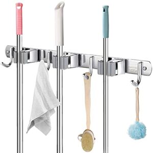 Yanvsvda Mop and Broom Holder Wall Mount Heavy Duty Stainless Steel Tool Organizer with 3Rocks and 4Hooks for Home,Kitchen,Bathroom,Garage,Garden,Laundry Room (1 Pack)