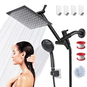 Shower Head COSYLAND, 8” Shower Head Combo with High Pressure Rainfall Handheld Shower 9 Spray Setting 11” Adjustable Extension Arm 60″ Anti-leak Hose Stainless Steel Shower for Bathroom-Black